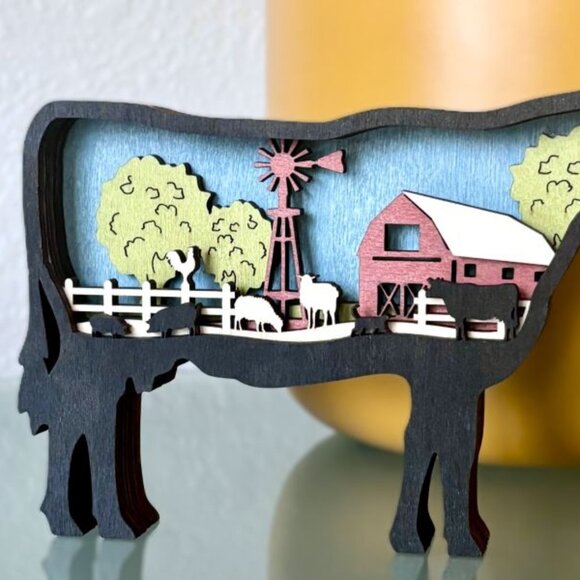 Country Farmhouse Decor Cow Farm Wood Wooden 3D Diorama Sculpture Figure New - Picture 2 of 7